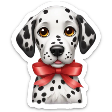 Dalmatian puppy with a red ribbon sticker