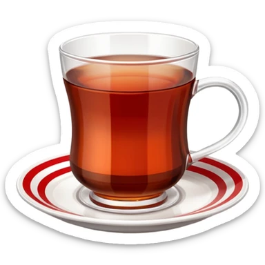 Turkish tea glass filled with dark tea, on a white saucer with red stripes, side view, detailed, realistic sticker