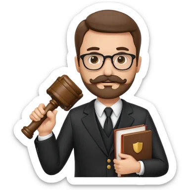 “Create a clean, modern emoji-style illustration of a male lawyer. He is wearing a formal suit jacket. He is holding a judge’s gavel in one hand and has a law book tucked under his arm. He has a mustache and beard!, and he is wearing glasses. sticker