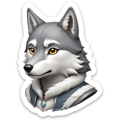 cinematic-noble-wolf-portrait-emoji,-poised-and-regal,-with-a-strong,-lean-build-and-a-sleek,-well-groomed-fur-of-grey-and-white,-deep-set-soulful-piercing-eyes,-simplified-yet-sharp-and-sophisticated-features,-highly-detailed,-full-body, zoomed out showing shoulders sticker