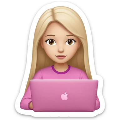 Chica lacia peli larga en una MacBook rosa investigando y haciendo tareas con un libro de apuntes y con cara muy linda como modelo sticker