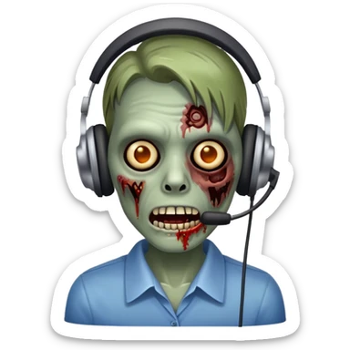 zombie customer service representative with headset and rotting face sticker