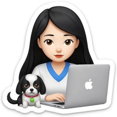 Blue back ground, Asian girl with long black hair , wearing a white shirt, working on an Apple laptop, next to her is a small black and white dog sticker
