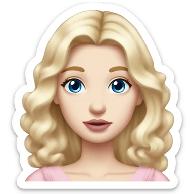 girl blonde hair pale skin blue eyes. Pink lips blush skinny nose siren eyes (model face). blowout with long hair. light pink dress, puffed sleeves, dainty choker necklace (think Versailles but not too much).  sticker