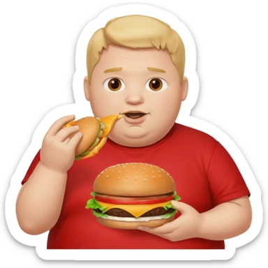 fat boy eating burger wearing red T-shirt sticker