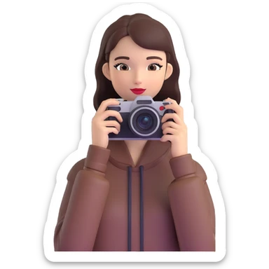 Professional European fashion model during photoshoot, posing while taking photo with camera sticker