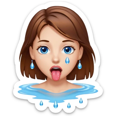 Girl with brown hair, blue eyes, a wet face and her tongue out. Can you make her face more wet? Can you add clear water droplets on her face and tongue? sticker