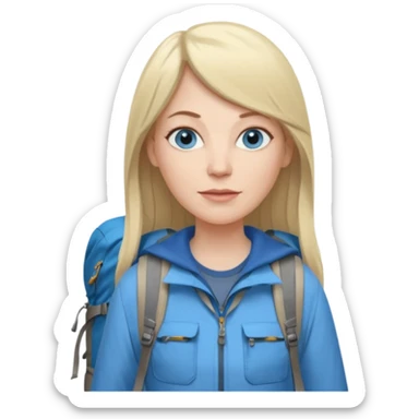 45 yr old white woman, pale skin, long straight blond hair parted in center, blue eyes, bangs, clothes for hike sticker