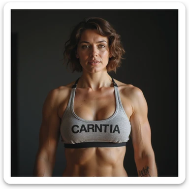 female bodybuilder with short hair, hyperrealism 4k, large readable "CARNITINA" text on chest sticker