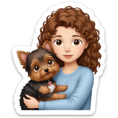 Girl with brown curly hair cuddling with a cute yorkie sticker