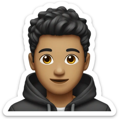 a fair boy with taper fades hairstyle, smiling, with black har, black eyebrown, black eyes, in a hoddie sticker