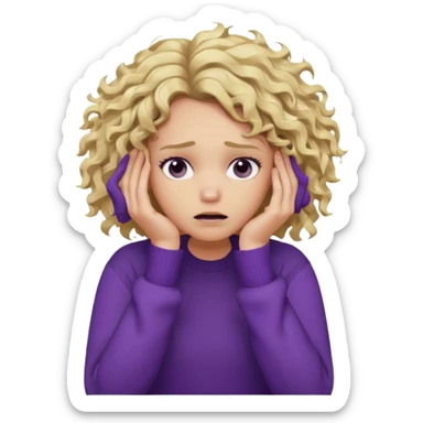 Emoji-style illustration of a frustrated young woman, messy curly tousled blonde hair, wearing a purple sweater, holding her face in her hands, expressing annoyance and disappointment, cartoonish, expressive, simple lines, flat colors, clear silhouette,  sticker