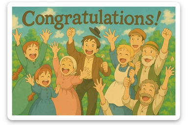Add the text 'Congratulations!' in a whimsical, hand-drawn font above the group of people cheering, keeping the ghibli style. sticker