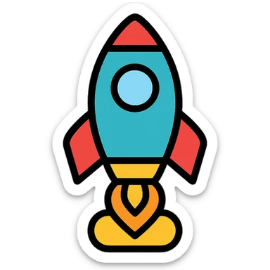 colorful rocket ship blasting off, outlined icon style, bold lines sticker