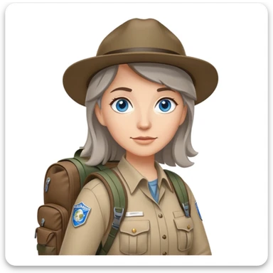 white woman park ranger with blue eyes, brown and gray hair, wearing a backpack, standing in a nature background sticker
