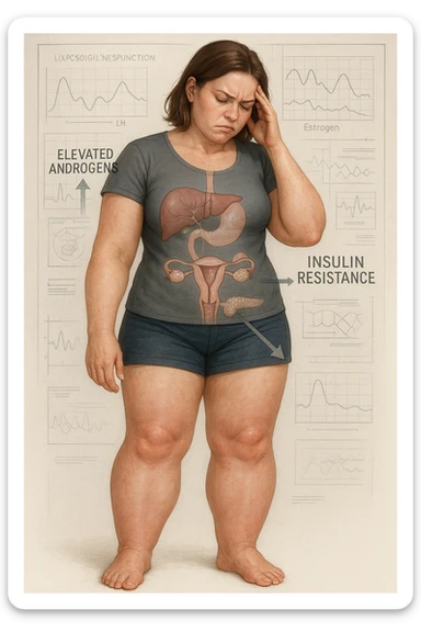 Woman with PCOS struggling with hormonal chaos, transparent overlay showing elevated androgens and insulin resistance affecting her body, lipedema causing disproportionate fat accumulation in legs and arms despite normal torso, expression of frustration with unexplained weight gain, medical charts showing complex endocrine dysfunction, painful swollen limbs contrasting with metabolic confusion sticker