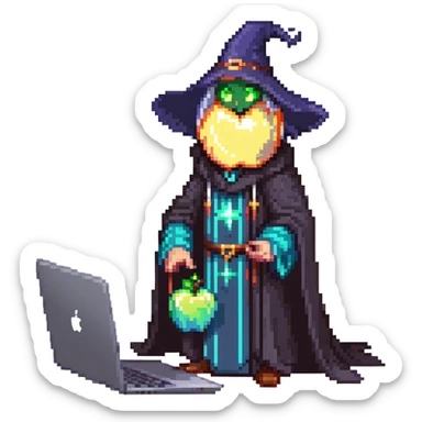 powerful wizard coding on an Apple laptop, glowing magical aura surrounding him, confident expression, looks like the ultimate boss of coding, wearing impressive dark robe sticker