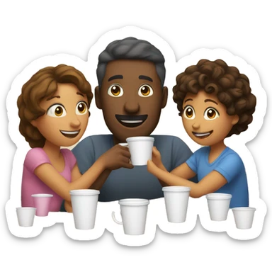 An emoji of a family—mother, father, and child—sitting at a table, playing a cup game with paper cups arranged on the table as they have fun together sticker