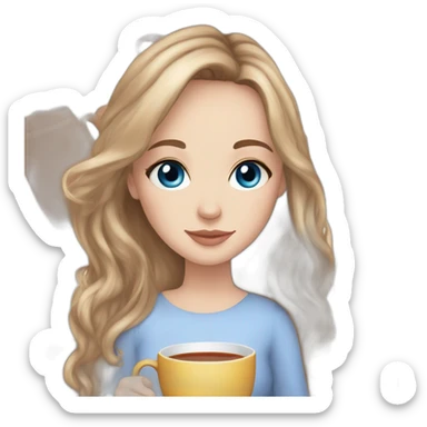 white girl long brown hair blue eyes and cup of tea in hand sticker