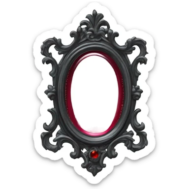 "A Victorian-era Gothic mirror with a black frame, gray-tinted glass, and a red ruby accent."
 sticker