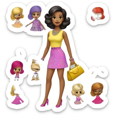 Nighty Brights Francie. Enid Sinclair. Mini-skirt, pumps, bracelet, earrings, purse , tights,go-go boots, Going out with Slippers the kitten.  sticker