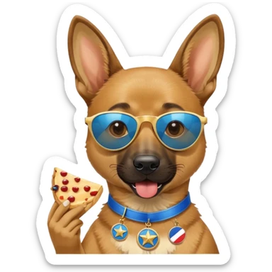 malinois dog head with star sunglasses holding a slice of Parisian flan in its mouth, the flan slice has a blue medal with a white center around it sticker