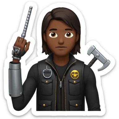 man with long dark brown hair and a black tac vest, a metal arm sticker