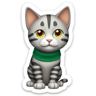 A striped grey cat with green eyes with orange sweater in full growth sticker