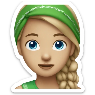 girl with blue eyes, light brown straight hair, wearing a green bandana sticker