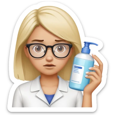 Girl with glasses looking disgusted, holding shampoo bottle away from her, not wanting to wash her hair sticker