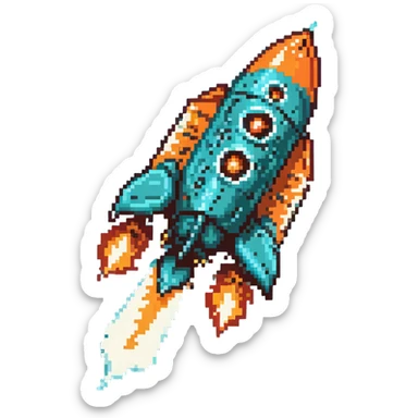 robotic teal spaceship launching to the right with rocket flames sticker
