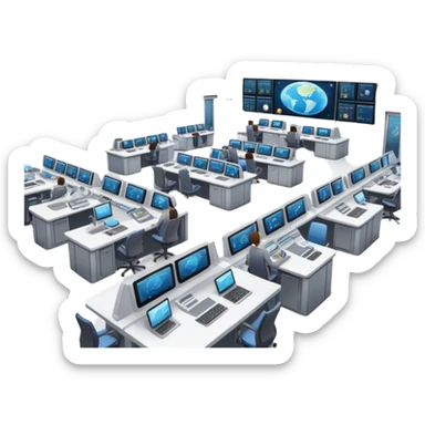space mission control room with multiple screens and operators at desks sticker
