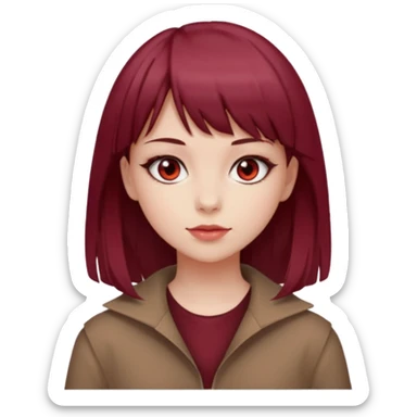 beautiful girl with maroon medium hair, straight bangs and red bando, red eyes and brown clothes sticker