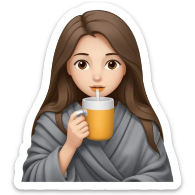 Brown-eyed, fair-skinned girl with long hair down to her shoulders, wrapped in a gray blanket, drinking from a New Year's mug sticker