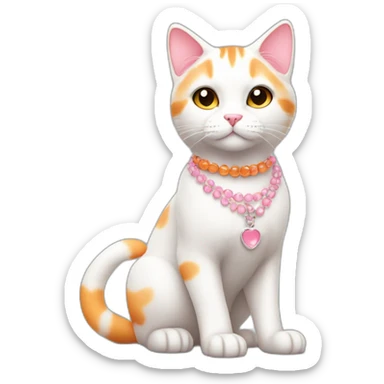 full body white orange cat cute with a small black eyes and a paw pink necklace sticker
