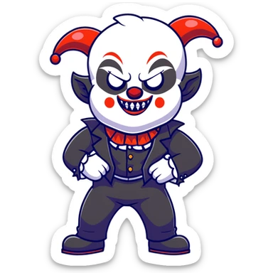 full-body muscular demonic clown in black and white leisure suit with bellbottom pants, bald, black ram horns, flashy black and white belt, ruffled white shirt, no neck tie, large fangs, cartoon sticker style sticker