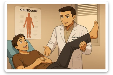 su questo lettino rappresenta un webtoon manga a colori con questo stile, in cui un uomo è steso sul lettino medico e il kinesiologo con il camice bianco (fagli anche la scritta "ANTONIO ANANIA" SUL CAMICE, gli solleva una gamba per fargli il test neuromuscolare, IL KINESIOLOGO SPIEGA ALL'UOMO UNA cosa mentre gli alza la gamba. l'espressione dell'uomo è felice e soddisfatta, non fare i fumetti però, fai solo in modo che sembri stiano parlando sticker