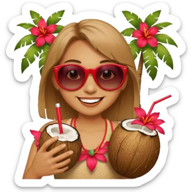coconut drink with red flowers and summer vibe, with sunglasses and smiling sticker