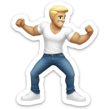 Dancing guy with white t shirt and blue jeans, white sKin and blonde hair. Lean and defined muscles sticker