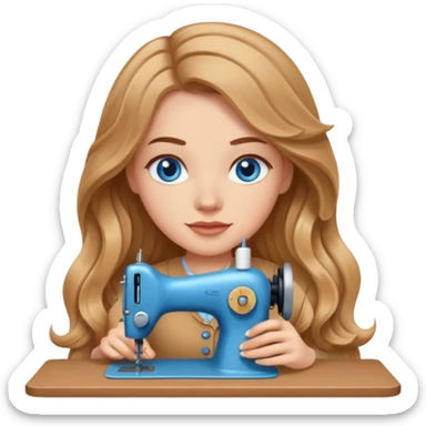 White Girl with light brown wavy long hair and blue eyes sewing sticker
