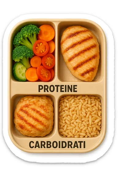 EMOJI STILE IPHONE DI una schiscetta vista dall'alto con 3 porzioni ben distinte: nelle porzioni scrivi le parole FIBRE, PROTEINE, CARBOIDRATI, iperrealistica 4k sticker