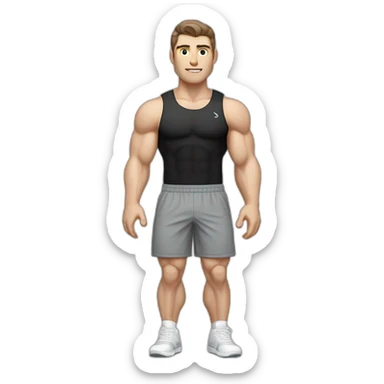 Pale skinned Fit Man With the biceps and dark brown hair in black shirt, gray sports shorts and white Sneakers Relies on the crossbar sticker