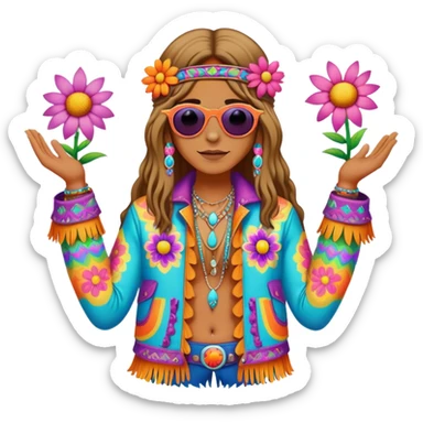 3D, psychedelic colored hippie wearing hip huggers and a fringed jacket with flower border sticker