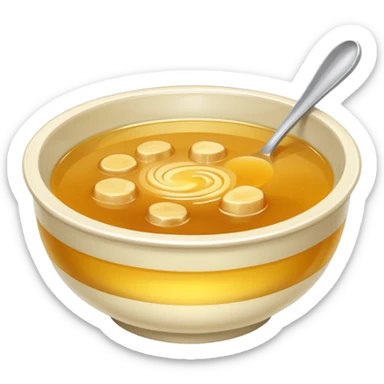 a bowl of golden broth, shiny, smooth, no spoon, simple, clear sticker