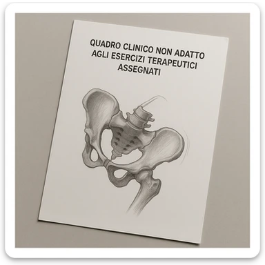 clinical environment sheet of paper with realistic drawing of a tilted human pelvis in the center, title at the top saying 'quadro clinico non adatto agli esercizi terapeutici assegnati', realistic details, professional atmosphere, neutral background sticker