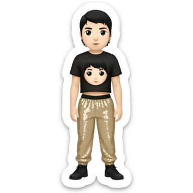 Chino Moreno with black hair, black sequin crop top, beige sequin baggy pants sticker