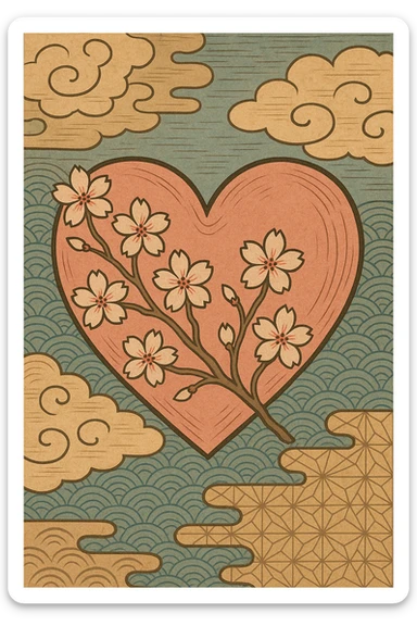 pink heart with sakura flowers, ukiyo-e style sticker