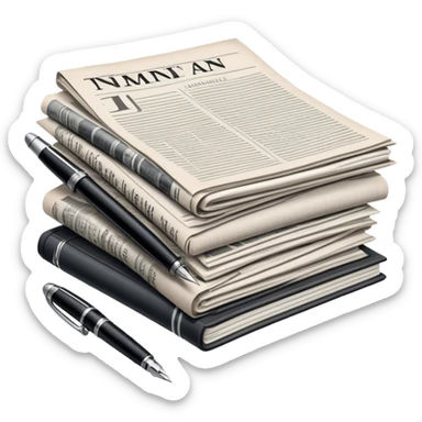 Create an emoji representing journalism and publicistic writing. The design should feature a stack of newspapers as the base, with an open working notebook placed on top of them. A single fountain pen should rest on the very top of the notebook, symbolizing the act of writing. Use neutral, professional colors like black, white, and muted tones to convey a sense of seriousness and intellect. Do not include any emojis or smiley faces. Make the background transparent. sticker
