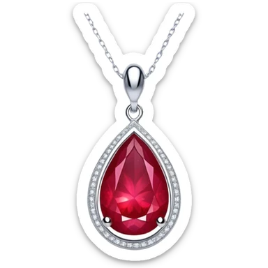 teardrop ruby pendant with delicate silver chain, slightly tilted, inside glowing cosmic embryo surrounded by asymmetrical swirling stardust and fiery trails, radiating ethereal magic sticker