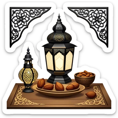A beautifully warm and inviting Ramadan-inspired setting. A glowing ornate lantern sits on a wooden table, casting intricate patterns of light. Beside it, a decorative bowl filled with dates symbolizes hospitality and tradition.  sticker